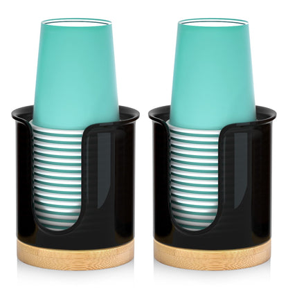 2 Pack Bathroom Cup Dispenser - Small Cup Holder and Mouthwash Cups Holder for 3 Oz Countertop - Convenient Paper Cup Dispenser - Bamboo Wood Base Bathroom Cup Holder（White）