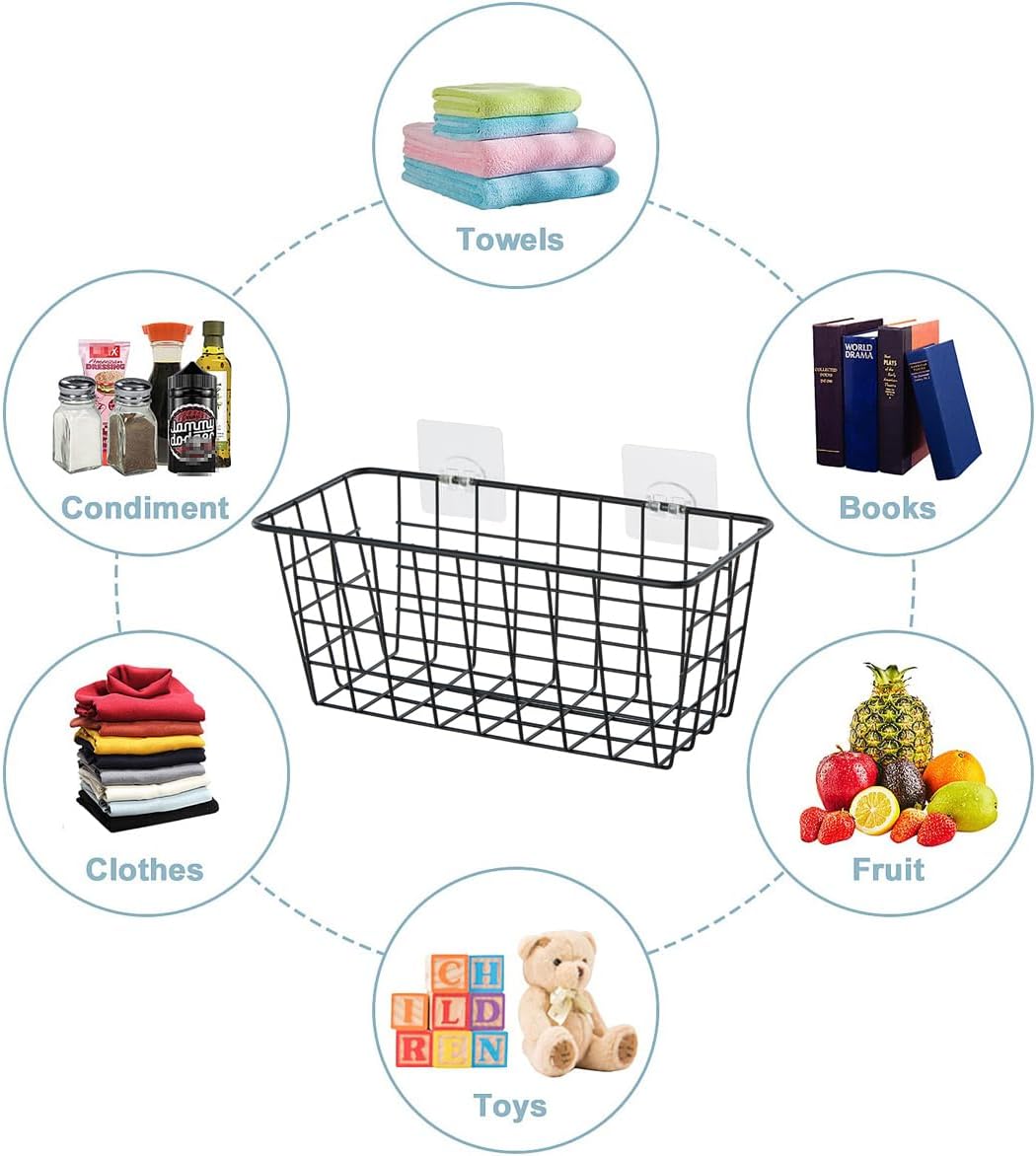 JUNCHU CHERRY 2 Pack Hanging Storage Basket, Bathroom Basket, Household Goods, with Traceless Tape, no Drilling, for Cabinet Storage, Kitchen, Bathroom, Storage Room,Black