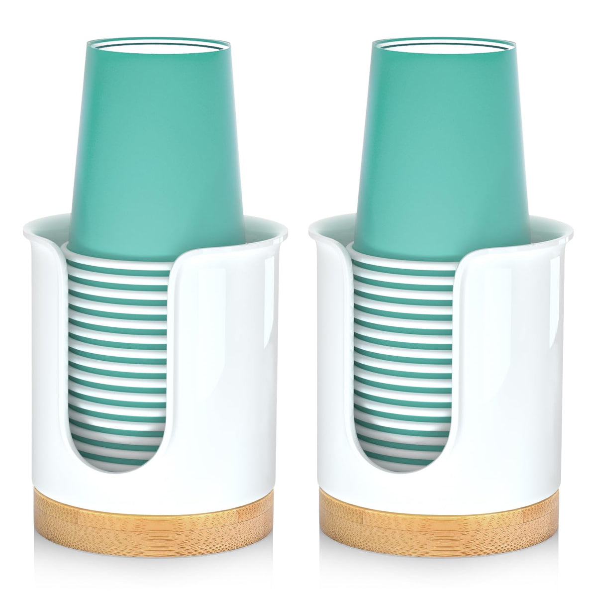 2 Pack Bathroom Cup Dispenser - Small Cup Holder and Mouthwash Cups Holder for 3 Oz Countertop - Convenient Paper Cup Dispenser - Bamboo Wood Base Bathroom Cup Holder（White）