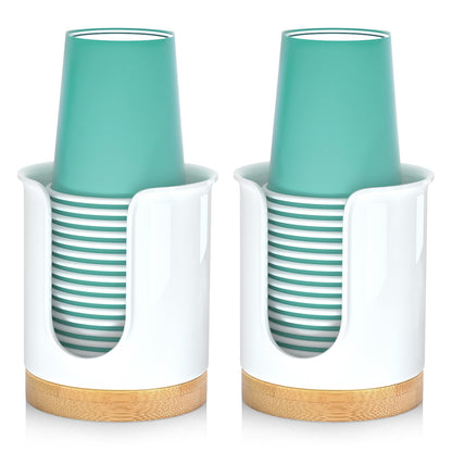 2 Pack Bathroom Cup Dispenser - Small Cup Holder and Mouthwash Cups Holder for 3 Oz Countertop - Convenient Paper Cup Dispenser - Bamboo Wood Base Bathroom Cup Holder（White）