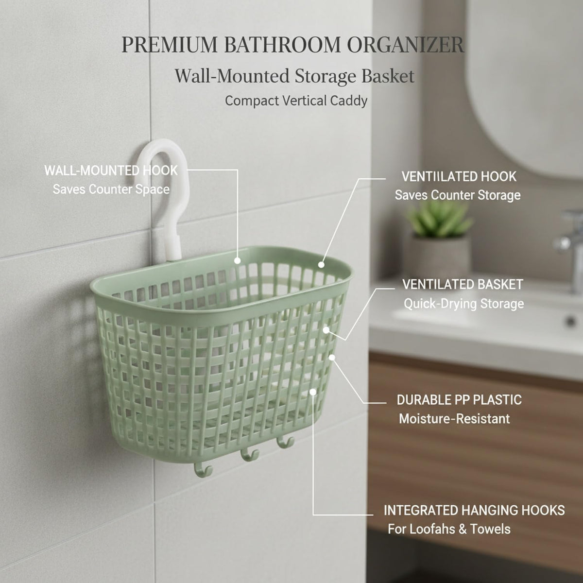 Wall-Mounted Bathroom Storage Basket with Hooks, Compact PP Plastic Shower Caddy for Toiletries and Vanity Organization (1 Pack)