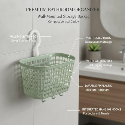 Wall-Mounted Bathroom Storage Basket with Hooks, Compact PP Plastic Shower Caddy for Toiletries and Vanity Organization (1 Pack)