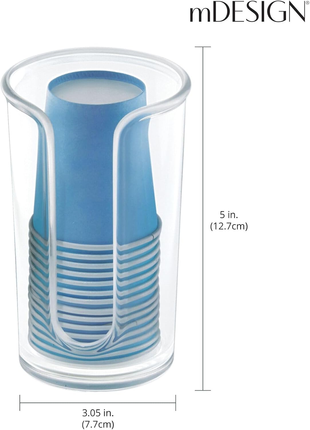 mDesign Small Plastic Paper Cup Dispenser - Compact Storage Holder for Mouthwash Cups on Bathroom Vanity Countertops, 3 oz. Rinsing Cups Included - Lumiere Collection - Clear