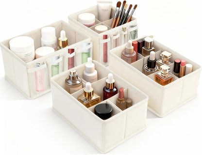 Cosmetic Storage Bins Makeup Organizer, Adjustable Multifunction Storage Box Desk Drawer Divider for Makeup Brushes, Bathroom Countertop or Dresser, Set of 4