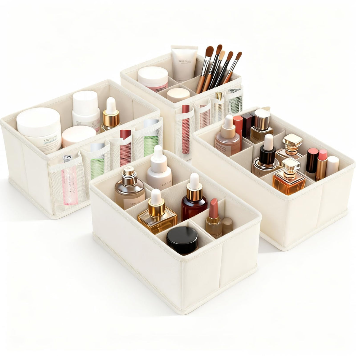 Cosmetic Storage Bins Makeup Organizer, Adjustable Multifunction Storage Box Desk Drawer Divider for Makeup Brushes, Bathroom Countertop or Dresser, Set of 4