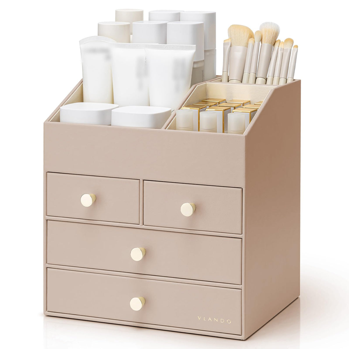 VLANDO 3-Layer Makeup Organizer with 2 Large Drawers for Vanity,Beige