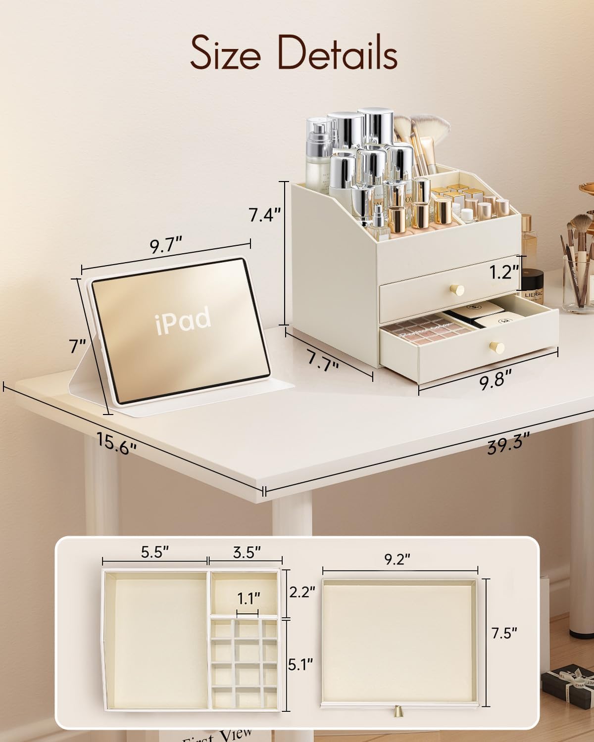 VLANDO 3-Layer Makeup Organizer with 2 Large Drawers for Vanity,Beige