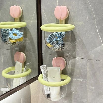 Tulip suction cup storage basket for household wall mounted bathroom toiletries storage basket