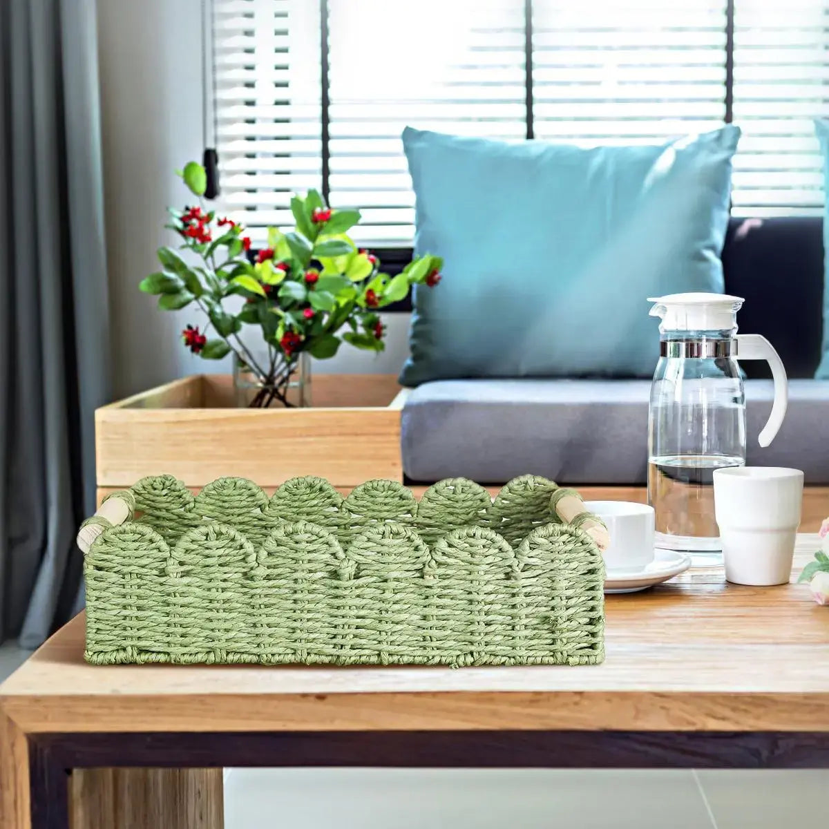 Natural Woven Storage Basket Tray Toilet Tank Topper Bathroom Organizer with Fan Edge Design for Vanity, Countertop, Bedroom, Living Room, Entryway, Farmhouse, Boho & Rustic Home Decor
