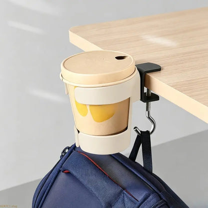 Desk Side Cup Holder with Hook, Clamp-on Adjustable Drink Holder, Desktop Mount Beverage Mug Rack for Office Table Coffee Water Cup Storage