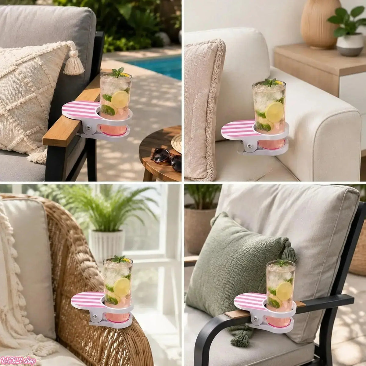 [WER21]Clip‑On Stripe Drink Holder, Portable Adjustable Cup Holder - Secure Your Beverage Anywhere, Indoor Outdoor Universal Drink Organizer for Pool Balcony Chair Desk Beach Lounge