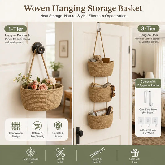 Handwoven Cotton Storage Basket - 1-Tier & 3-Tier Options, Over-The-Door & Wall-Mounting Decorative Organizer, Multifunctional Bathroom Storage, Natural Home Decor, Floor Space Saver, Handwoven Storage Basket