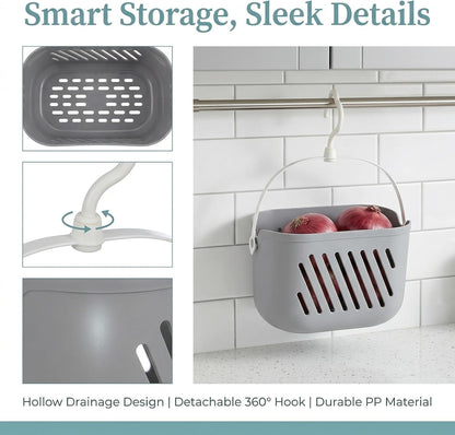 PRETYZOOM Wall Hanging Storage Basket with Hooks, Plastic Hollow Drain Design, Wall Mount Organizer for Bathroom Toiletries, Shampoo, Bath Sponges and Kitchen Pantry Sundries