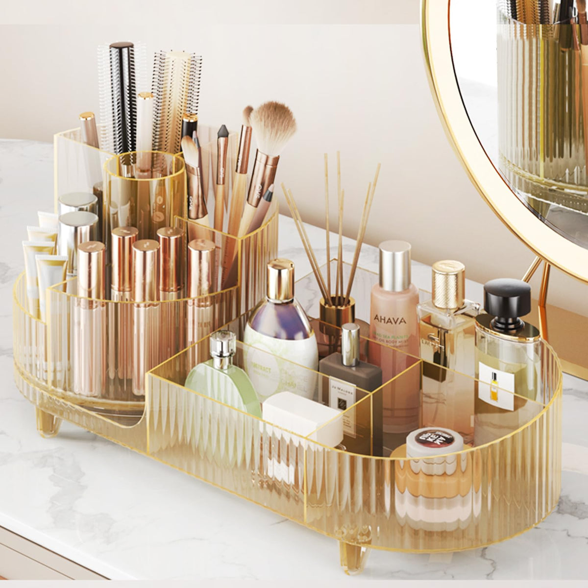 Rotating Makeup Organizer for Vanity with Brush Holder, Cosmetic Makeup Storage Organizer, Large Spinning Makeup Skincare Organizer, Countertop Makeup Perfume Organizer, Lotions Display Case Red