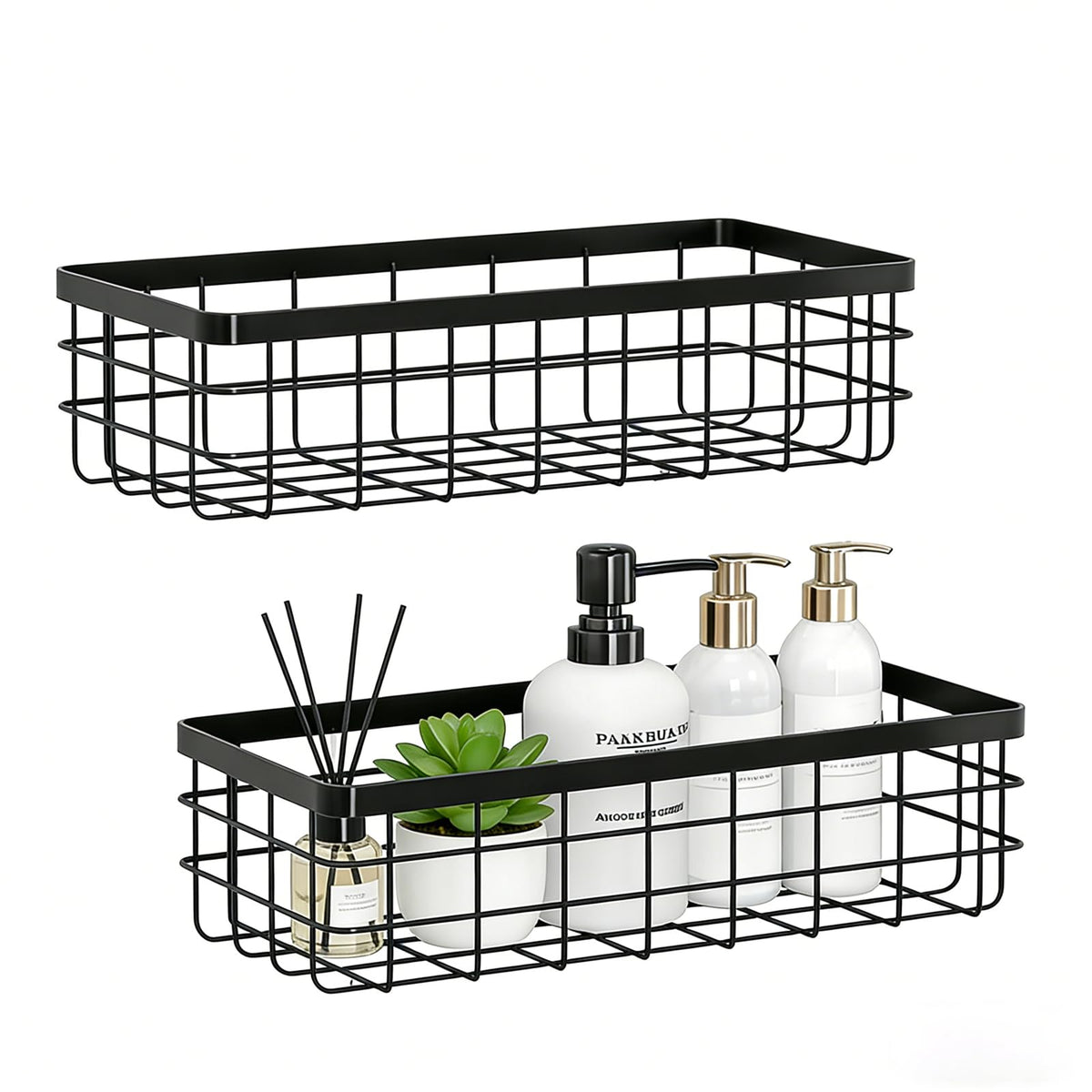 2 PCS Slim Hanging Wire Wall Basket for Bathroom, No Drill, Black
