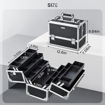 FRENESSA Makeup Train Case Makeup Case 12.6 Inch Large Cosmetic Box Organizer Travel Storage Professional Make Up Train Carrying Case with 6 Trays Locking Shoulder Strap Hard Vanity Storage Black