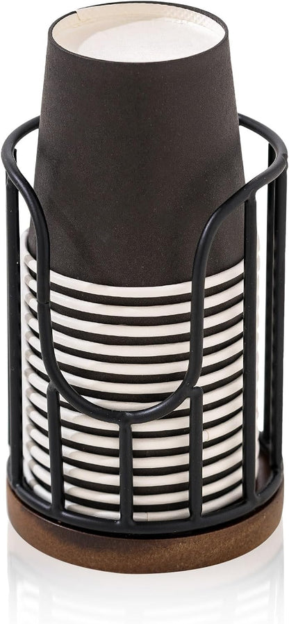 Bathroom Cup Dispenser with Acacia Wood Stand - Essential Bathroom Accessories for Toothbrush Holders & Mouthwash Cup Dispenser on Vanity Countertops Black