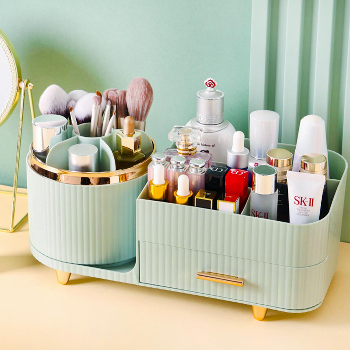Rotating Makeup Organizer for Vanity with Brush Holder, Cosmetic Makeup Storage Organizer, Large Spinning Makeup Skincare Organizer, Countertop Makeup Perfume Organizer, Lotions Display Case Red