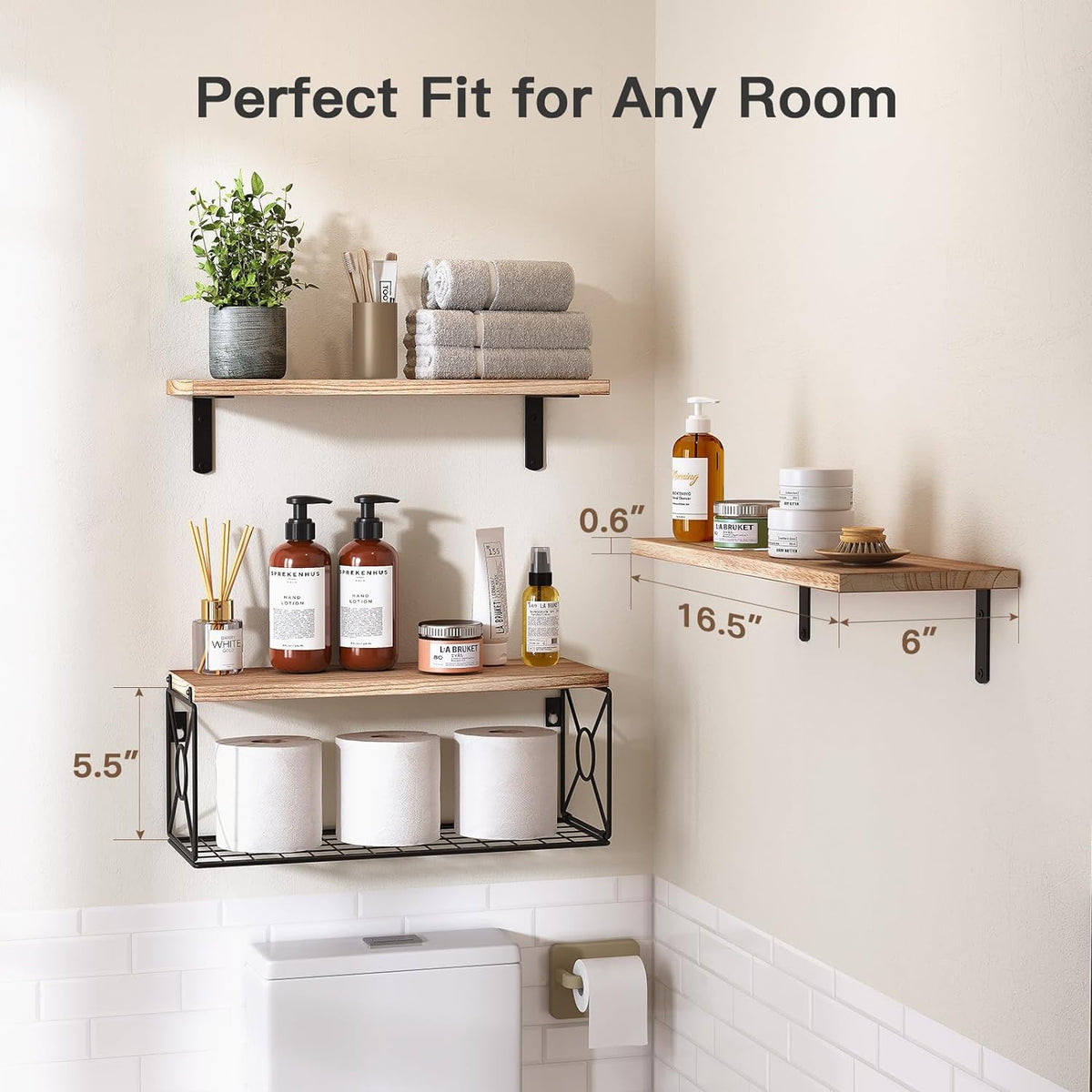 Amada Bathroom Shelves with Storage Basket, Set of 3, Natural Wood