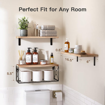Amada Bathroom Shelves with Storage Basket, Set of 3, Natural Wood