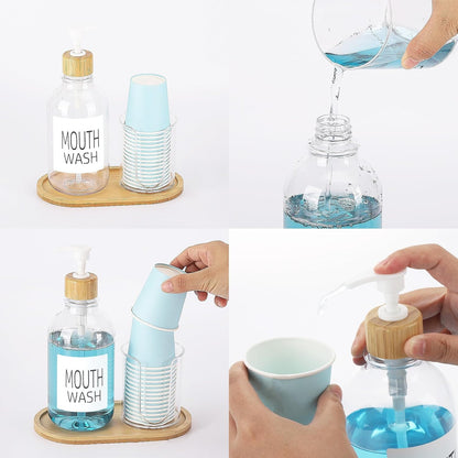 Mouthwash Dispenser with Cup Holder, Plastic Mouth Wash Pump Bottle with Tray for Bathroom Organizers, 17oz Refillable Clear Mouthwash Container - Bamboo