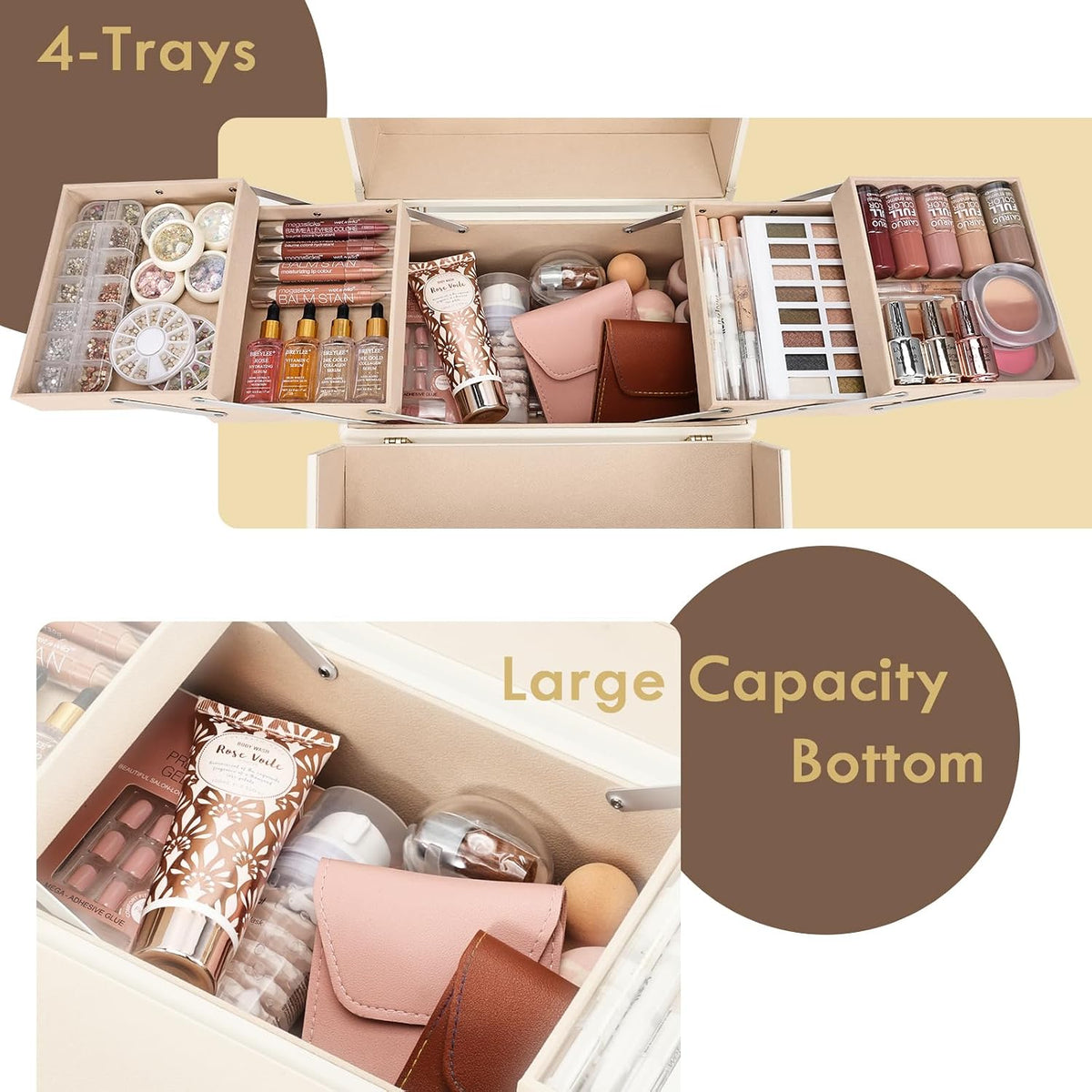 Joligrace Makeup Train Case Large Portable Cosmetic Makeup Storage Box Organizer Lockable with 4 Tray Compartments Retro Champagne Beige Vegan Leather