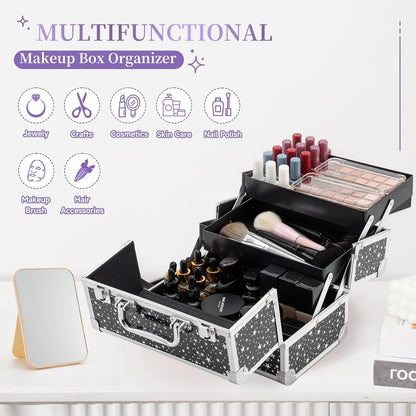 Leeora&Leekoo Makeup Train Case Cosmetic Box Portable Makeup Case Organizer 2 Trays Makeup Storage for Cosmetologist Aesthetic Supplies Nail Tech Traveling Makeup Box (Flashing Star)