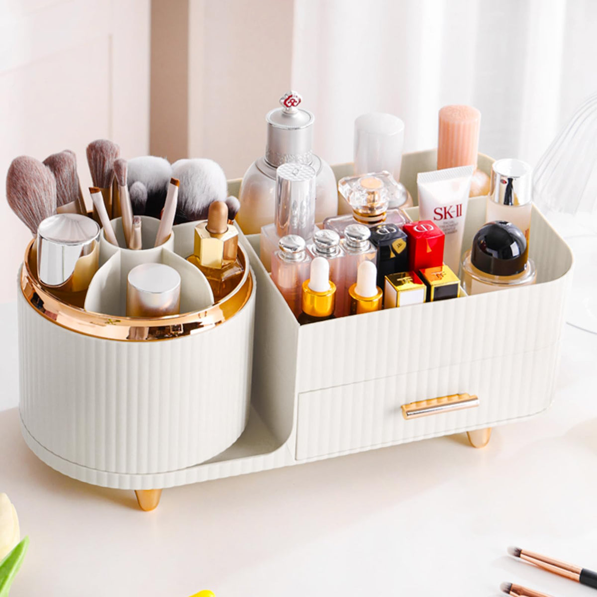 Rotating Makeup Organizer for Vanity with Brush Holder, Cosmetic Makeup Storage Organizer, Large Spinning Makeup Skincare Organizer, Countertop Makeup Perfume Organizer, Lotions Display Case Red