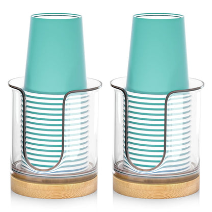 2 Pack Bathroom Cup Dispenser - Small Cup Holder and Mouthwash Cups Holder for 3 Oz Countertop - Convenient Paper Cup Dispenser - Bamboo Wood Base Bathroom Cup Holder（White）