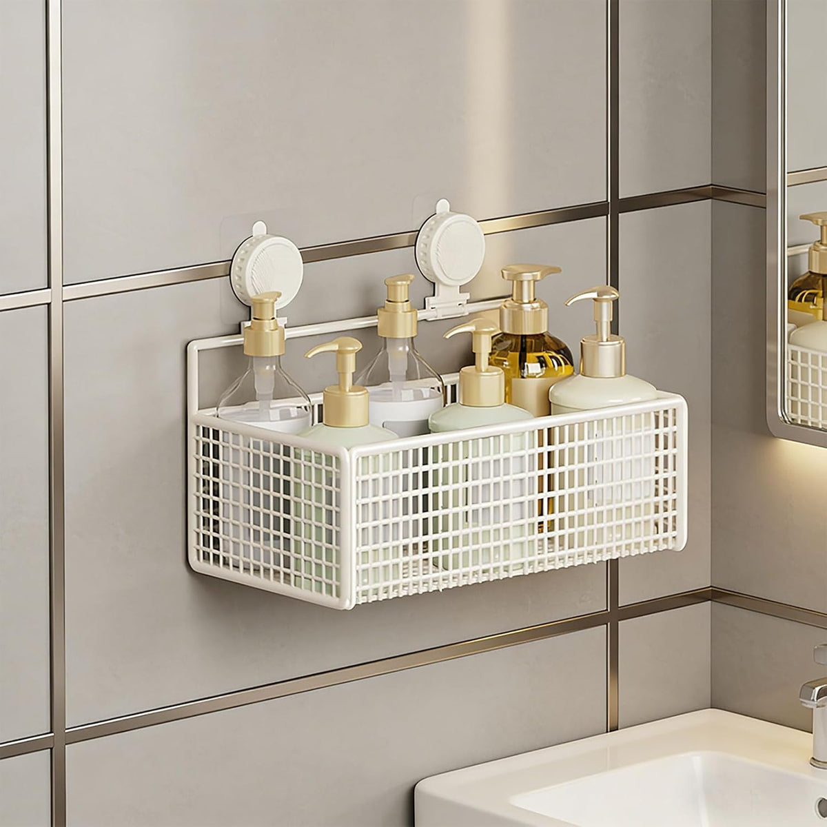 Multipurpose Wall Mounted Storage Basket for Toiletries Using Suction Technology Easy Setup Removable Bathroom Storage