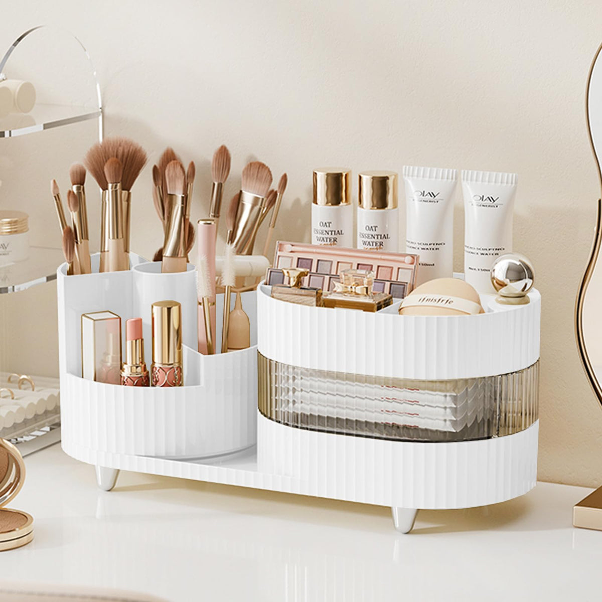 Rotating Makeup Organizer for Vanity with Brush Holder, Cosmetic Makeup Storage Organizer, Large Spinning Makeup Skincare Organizer, Countertop Makeup Perfume Organizer, Lotions Display Case Red