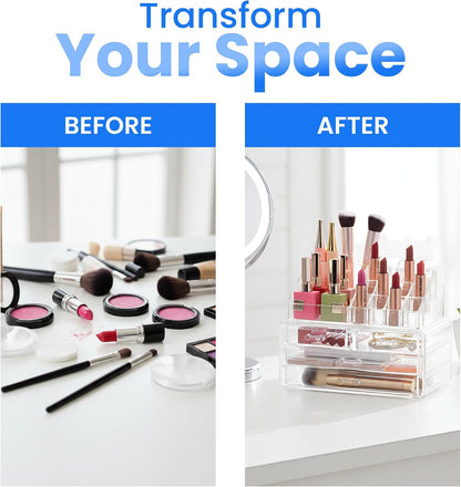 Masirs Clear Makeup Organizer with 4 Drawers 16 Compartments, Countertop