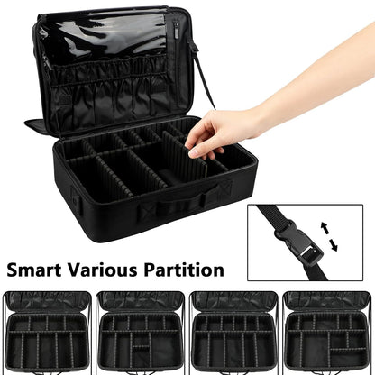 gzcz Large Capacity Travel Makeup Train Case,Professional Cosmetic Bags for Women,Portable Makeup Brush Bag Organizer Storage with Adjustable Dividers and Shoulder Strap