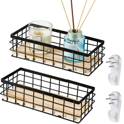 Funrous 2 Pcs Metal Small Wire Basket Wall Hanging Wire Basket Hang Small Bathroom Kitchen Storage Organizer Toilet Paper Mesh Storage Bin Shelf Rack with Base(Black,11.42 x 5.12 x 3.94 Inches)
