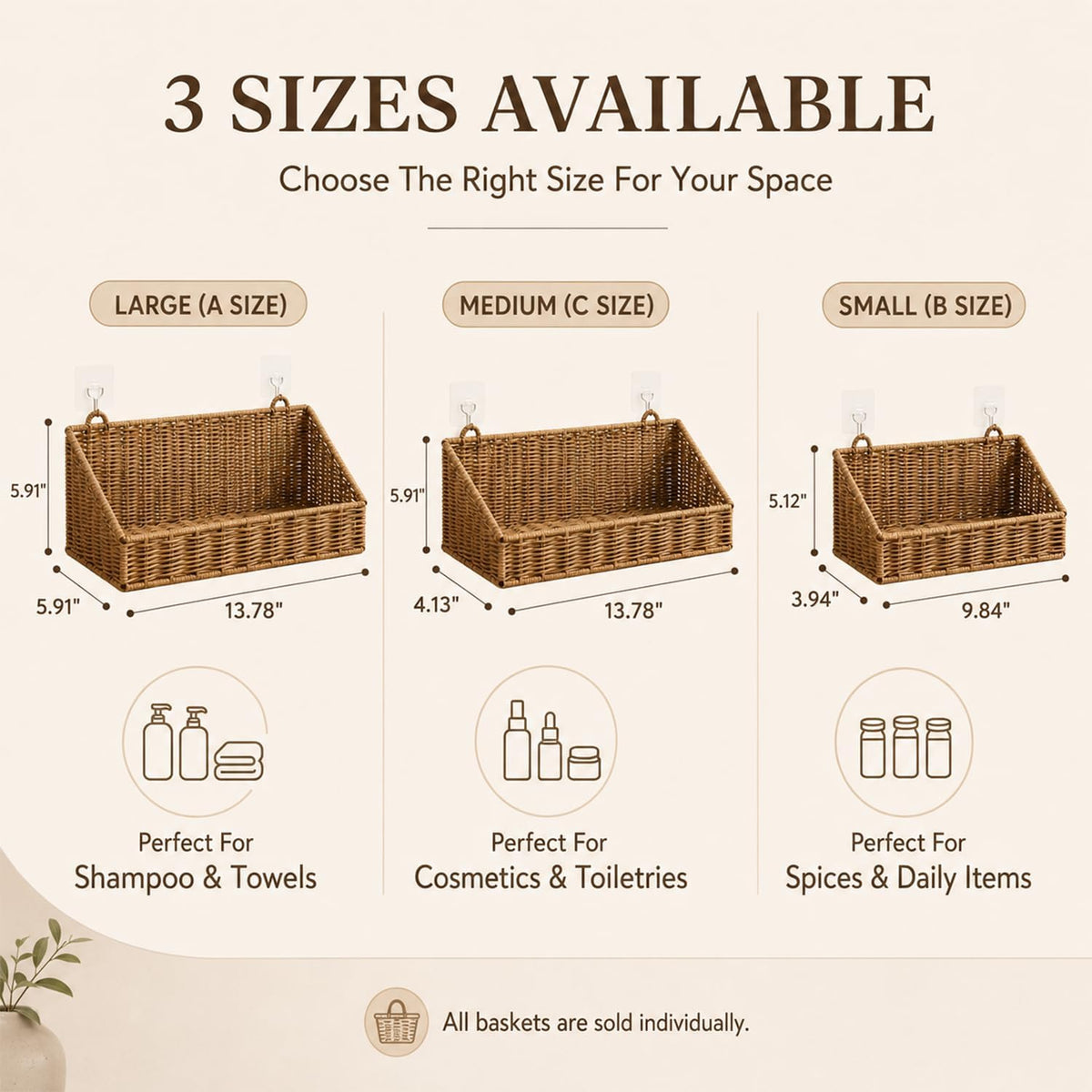Handwoven Rattan Wall Baskets for Organizing, Rustproof Bathroom Floating Shelves, Farmhouse Plastic Wicker Hanging Basket for Kitchen Counter Vanity Storage (light brown, Small)
