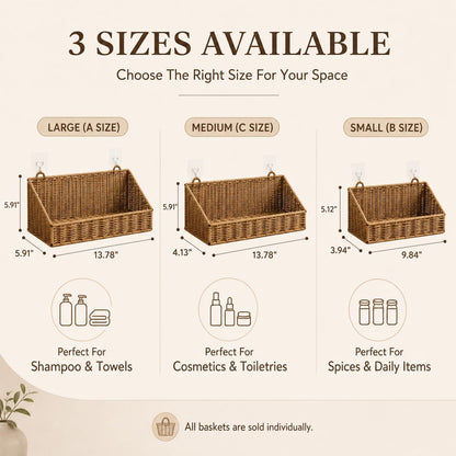 Handwoven Rattan Wall Baskets for Organizing, Rustproof Bathroom Floating Shelves, Farmhouse Plastic Wicker Hanging Basket for Kitchen Counter Vanity Storage (light brown, Small)
