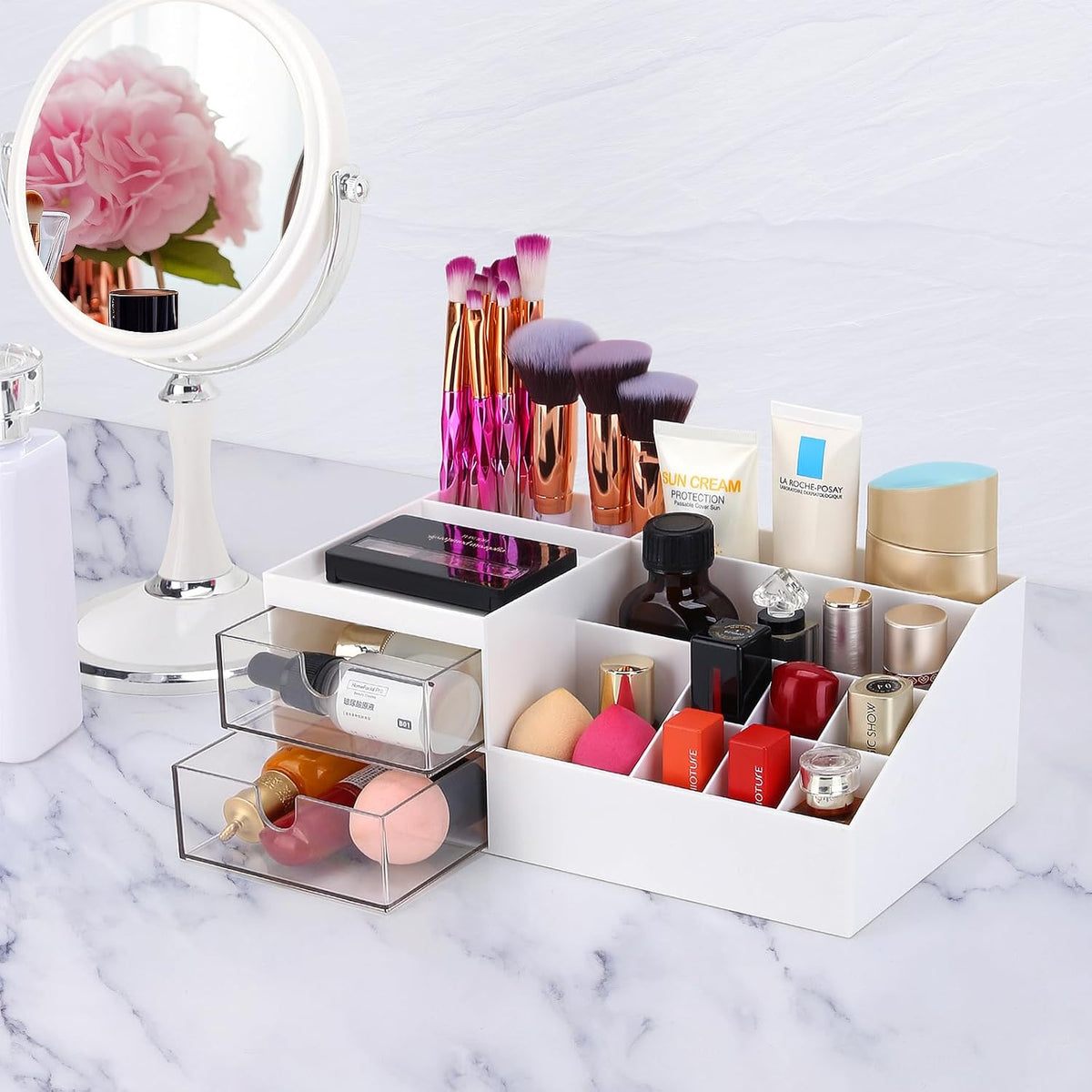 LETURE Desk Organizer, Cosmetic Makeup Vanity Organizer Box, Bathroom Counter Makeup Storage for Eyeshadows, Skin Care, Concealers, Powders, Nail Polish (White)