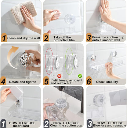 Shower Caddy Suction Cup, Wall Mounted Suction Shower Rack Organizer, No Drilling Clear Shelf Basket with 4 Movable Hooks, Bathroom Storage Rack Suitable for Smooth Walls