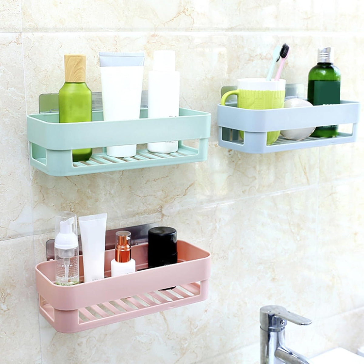Plastic Bathroom Storage Basket Wall Mounted with Traceless Adhesive Tape