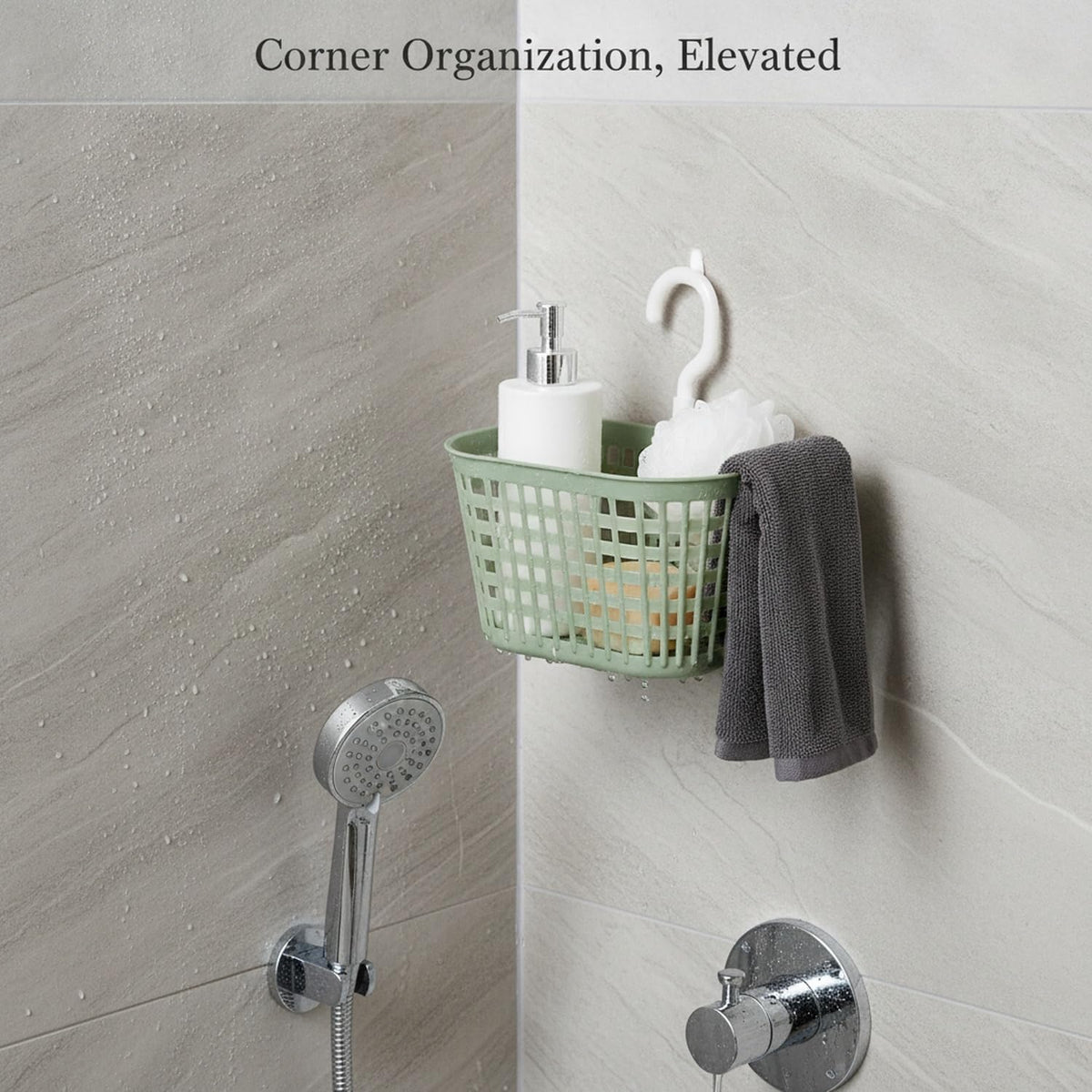 Wall-Mounted Bathroom Storage Basket with Hooks, Compact PP Plastic Shower Caddy for Toiletries and Vanity Organization (1 Pack)