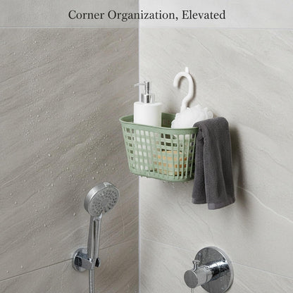 Wall-Mounted Bathroom Storage Basket with Hooks, Compact PP Plastic Shower Caddy for Toiletries and Vanity Organization (1 Pack)