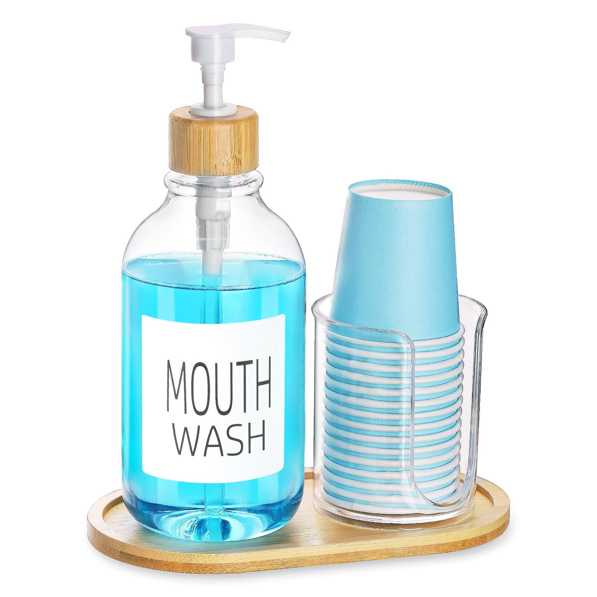 Mouthwash Dispenser with Cup Holder, Plastic Mouth Wash Pump Bottle with Tray for Bathroom Organizers, 17oz Refillable Clear Mouthwash Container - Bamboo