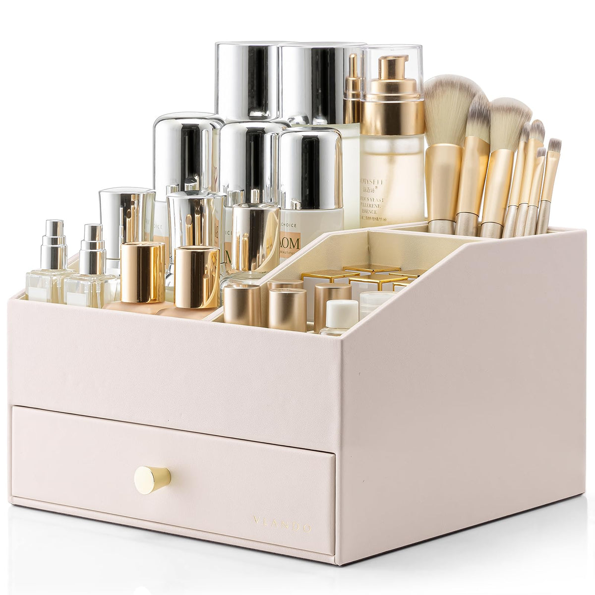 VLANDO 3-Layer Makeup Organizer with 2 Large Drawers for Vanity,Beige