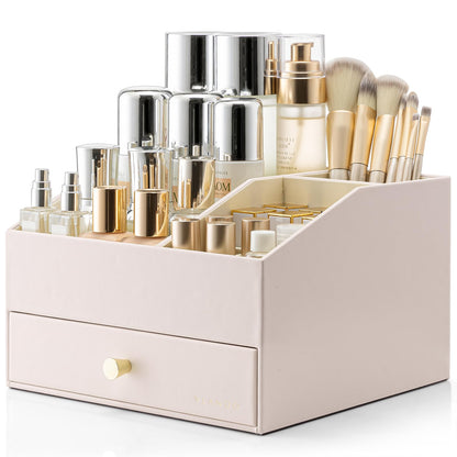VLANDO 3-Layer Makeup Organizer with 2 Large Drawers for Vanity,Beige