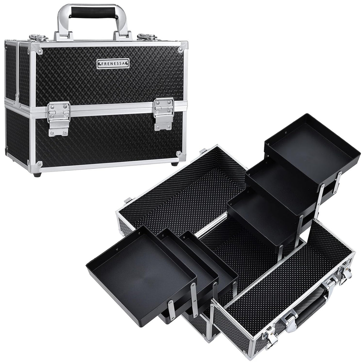 FRENESSA Makeup Train Case Makeup Case 11.8 Inch Large Cosmetic Box Organizer Travel Storage Professional Make Up Train Carrying Case with 6 Trays Locking Hard Vanity Storage Black