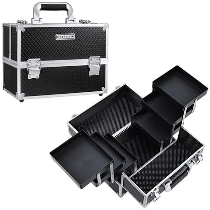 FRENESSA Makeup Train Case Makeup Case 11.8 Inch Large Cosmetic Box Organizer Travel Storage Professional Make Up Train Carrying Case with 6 Trays Locking Hard Vanity Storage Black