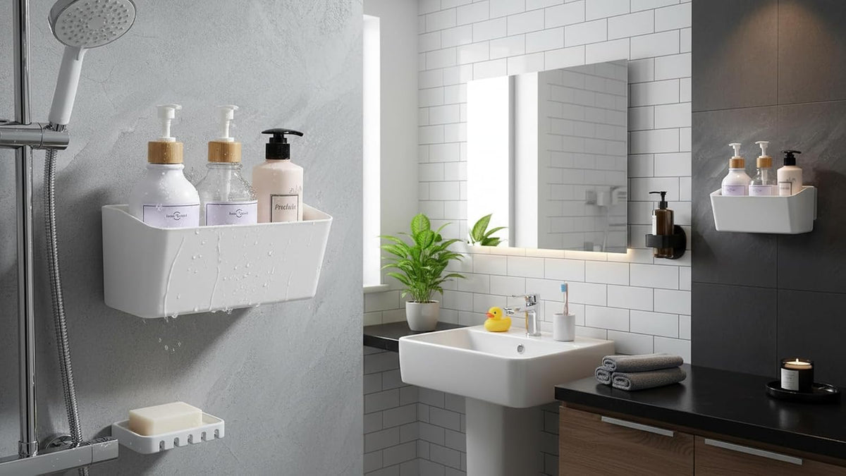 Bath Shelve, Adhesive Shelf Shower Caddy Bathroom Organizer, No Drill Wall Mounted Shower Caddy Basket Plastic，White Storage Rack for Bathroom/Kitchen
