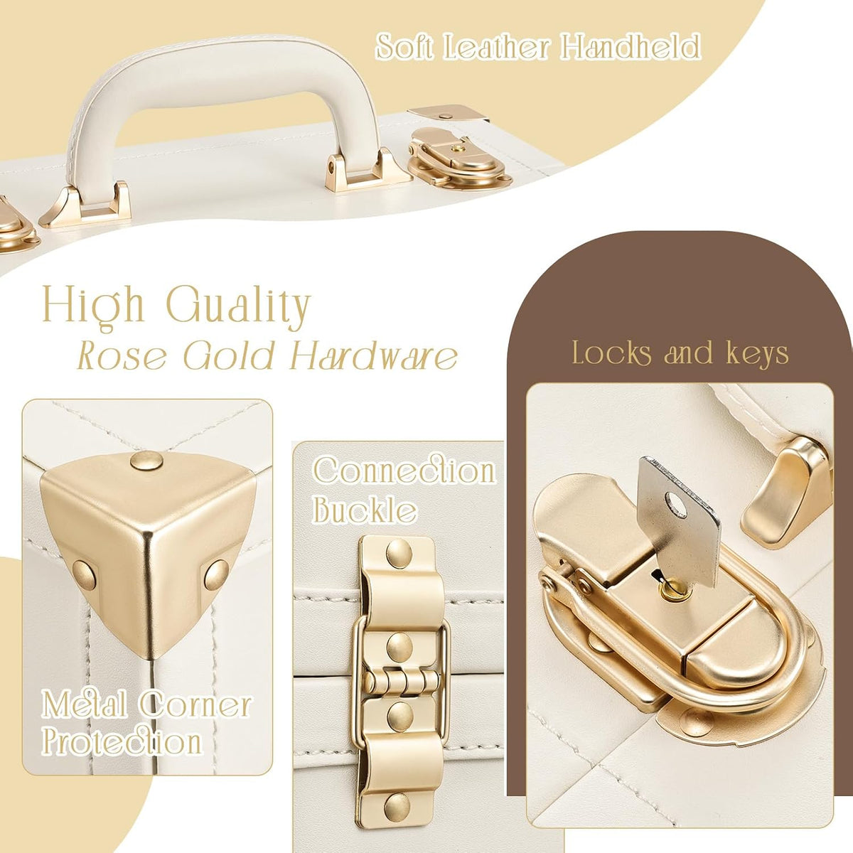 Joligrace Makeup Train Case Large Portable Cosmetic Makeup Storage Box Organizer Lockable with 4 Tray Compartments Retro Champagne Beige Vegan Leather