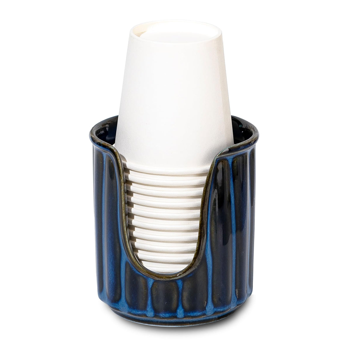 TANEW Ceramic Bathroom Cup Dispenser with Stylish Vertical Stripes - Dixies Cup Dispenser Mouthwash Cup Holder Holds 3oz Paper Cups for Rinsing Cups on Bathroom Vanity Countertops Reactive Glaze Brown