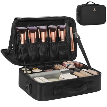 Relavel Travel Makeup Train Case Makeup Cosmetic Case Organizer Portable Artist Storage Bag with Adjustable Dividers for Cosmetics Makeup Brushes Toiletry Jewelry Digital Accessories Black